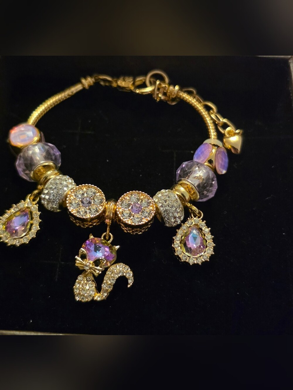 Gold-Tone Purple Crystal Cat Charm Bracelet